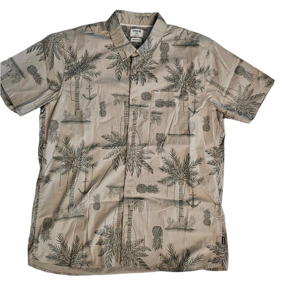 HURLEY Button Up Shirt 2XL Green Asylum Woven Short Sleeve Hawaii Palm Tree NWT